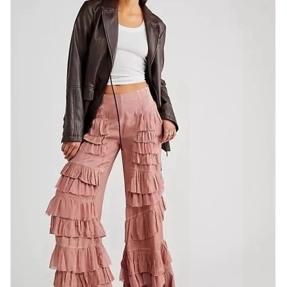 Free People Ruffled Mauve Wide Leg Pants - Picture 1 of 11